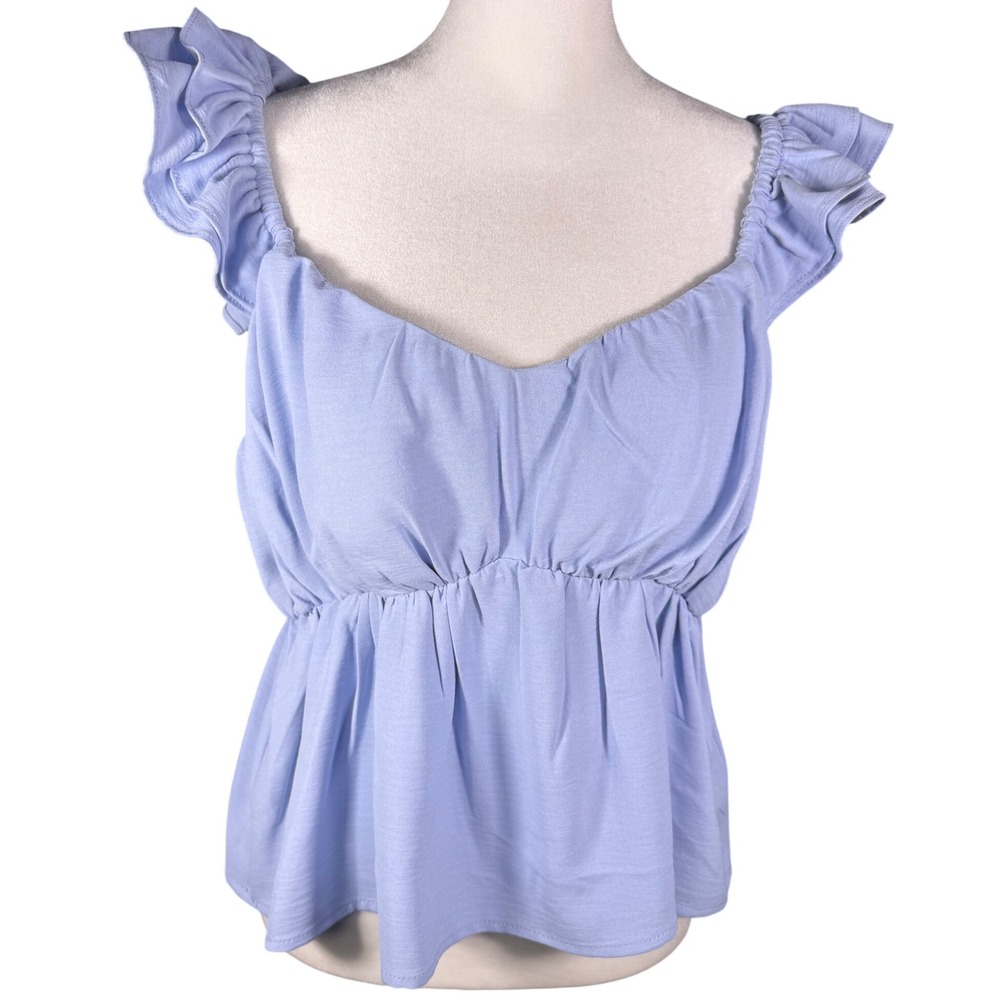 Light Blue Ruffle Cap Sleeve‎ Peplum Babydoll Blouse Sweetheart Neck S Y2K Style